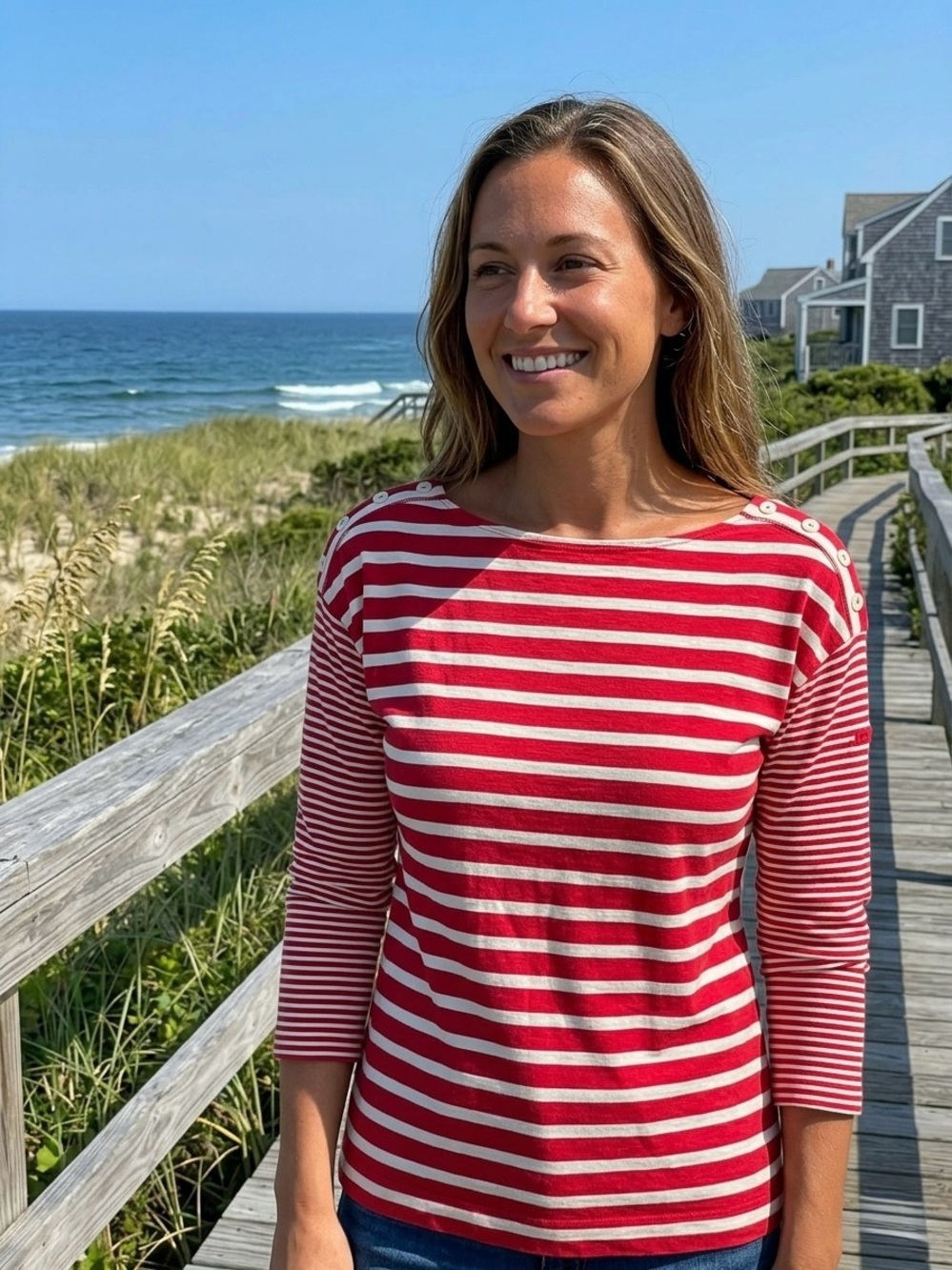 Y2K Lauren Jeans Co Ralph Lauren Striped Boatneck Top Red White Large Button